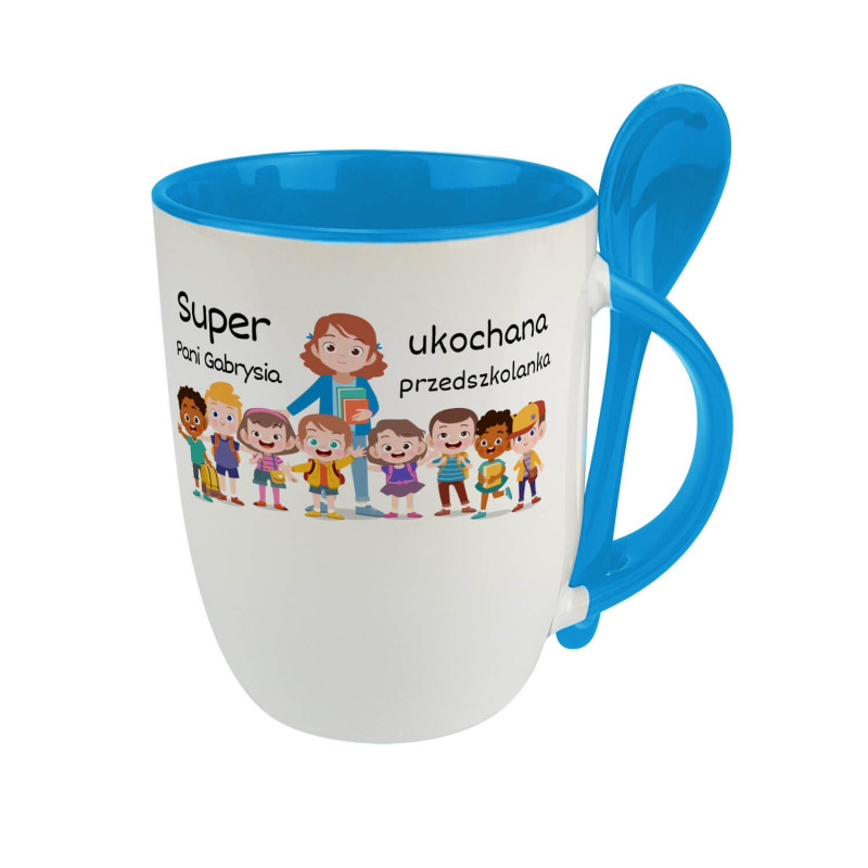 Kubek z łyżeczką dla nauczycielki w przedszkolu "Super ukochana Pani..." - personalizacja.