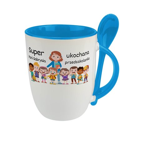 Kubek z łyżeczką dla nauczycielki w przedszkolu "Super ukochana Pani..." - personalizacja.