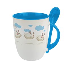 Kubek z łyżeczką, uroczymi bałwankami oraz motywującym tekstem.