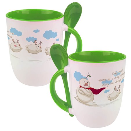 Kubek z łyżeczką, uroczymi bałwankami oraz motywującym tekstem.