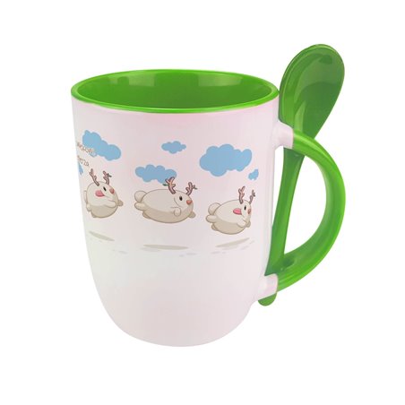 Kubek z łyżeczką, uroczymi bałwankami oraz motywującym tekstem.