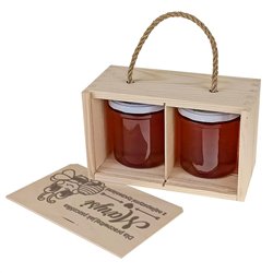 Pudełko drewniane na 2 słoiczki miodu z grawerem dla niej - pracowita pszczółka.