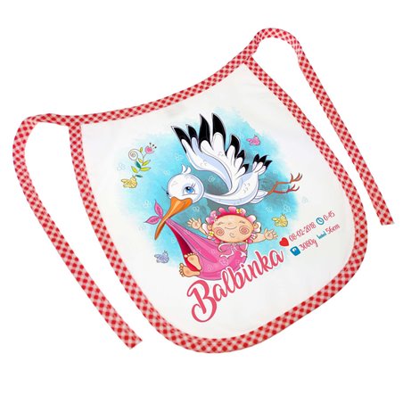 Śliniak metryczka z okazji narodzin dziecka - pamiątka narodzin - wzór bocian.