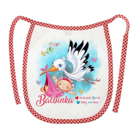 Śliniak metryczka z okazji narodzin dziecka - pamiątka narodzin - wzór bocian.