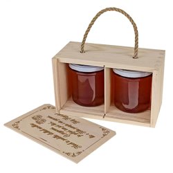 Pudełko drewniane na 2 słoiczki miodu z grawerem na dzień kobiet. 2