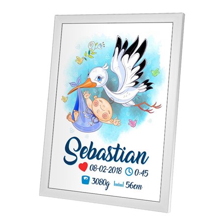 Personalizowana metryczka z okazji narodzin chłopca - Bocian.