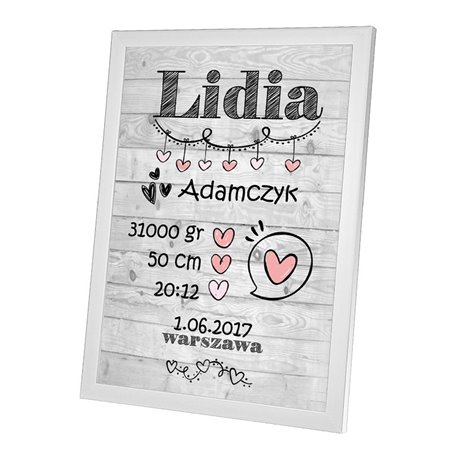 Personalizowana metryczka z okazji narodzin dziewczynki - wzór 7.