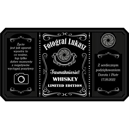 Personalizowana etykieta na alkohol w stylu Jack Daniel's dla fotografa- podziękowanie za reportaż ze ślubu..