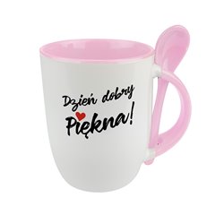 Kubek z łyżeczką dla niej - Dzień dobry Piękna - cytat.