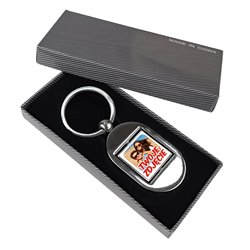 Elegancki ciężki, metalowy, obrotowy brelok z dwoma zdjęciami. 2