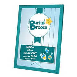 Personalizowana metryczka z okazji narodzin chłopczyka - wzór niebieski.