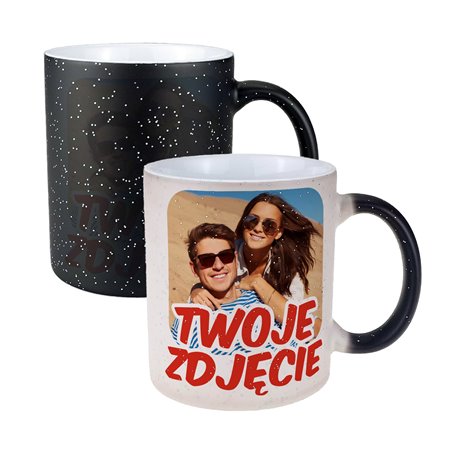 Kubek magiczny z Twoim zdjęciem, grafiką lub tekstem - czarny z brokatem.