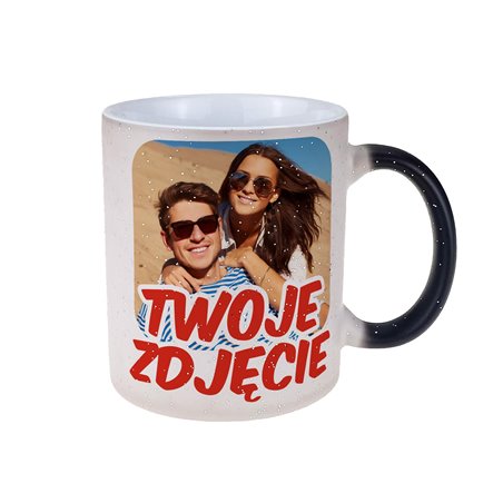 Kubek magiczny z Twoim zdjęciem, grafiką lub tekstem - czarny z brokatem.
