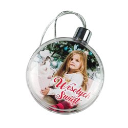 Foto bombka na choinkę w kształcie kółka z dwoma zdjęciami.