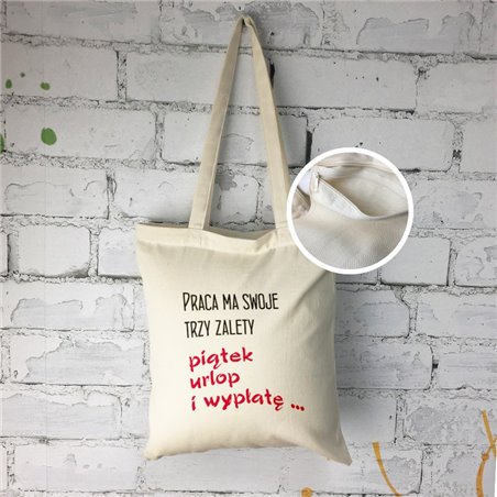 Super torba "Trzy zalety pracy" z długimi uszami i zamkiem.