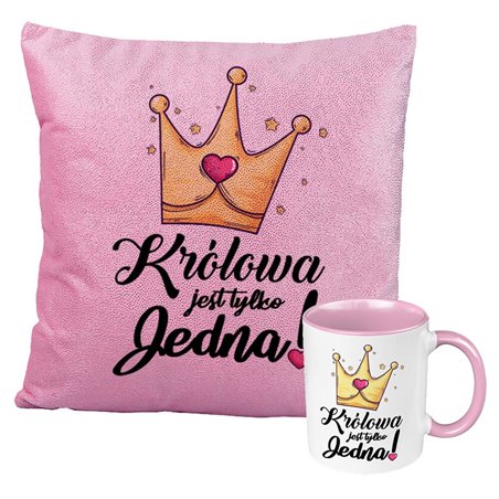 Zestaw prezentowy brokatowa poduszka z napisem oraz kubek "Królowa jest tylko jedna".