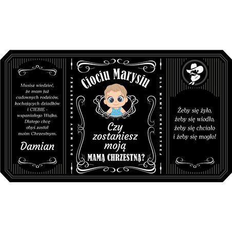 Personalizowana etykieta na alkohol w stylu Jack Daniel's dla Rodziców Chrzestnych.