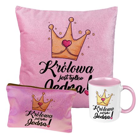 Zestaw prezentowy brokatowa poduszka z napisem, kosmetyczka oraz kubek "Królowa jest tylko jedna".