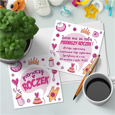 Słodkie zaproszenie na roczek dla dziewczynki.