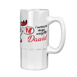 Kufel na piwo z nadrukiem na 18 "Łosiemnastka"- biały. 2