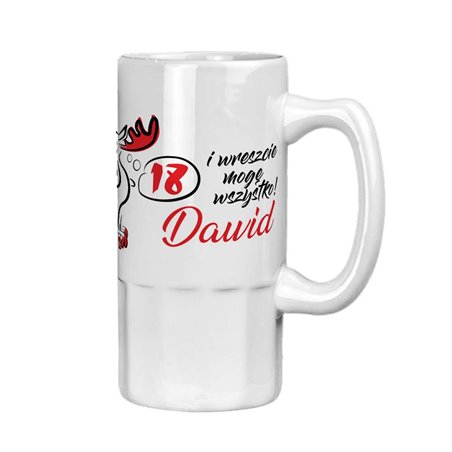 Kufel na piwo z nadrukiem na 18 "Łosiemnastka"- biały.