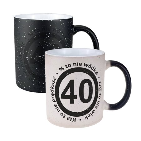 Kubek magiczny czarny z brokatem- świetny prezent z okazji 40 urodzin.