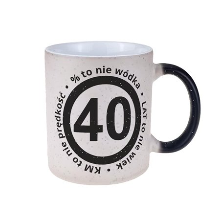 Kubek magiczny czarny z brokatem- świetny prezent z okazji 40 urodzin.