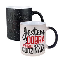 Kubek magiczny czarny z brokatem- świetny prezent dla kobiety " Jestem dobra w łóżku".