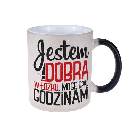 Kubek magiczny czarny z brokatem- świetny prezent dla kobiety " Jestem dobra w łóżku".