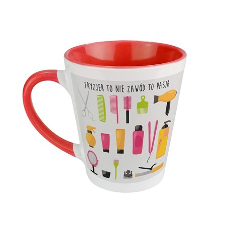 Kubek latte z napisem "Fryzjer to nie zawód, to pasja".