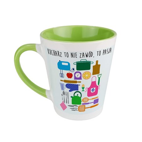 Kubek latte z napisem "Kucharz to nie zawód, to pasja".