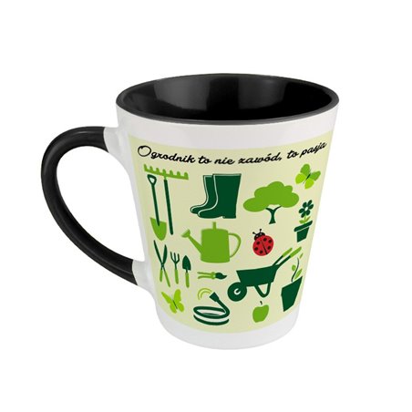 Kubek latte z napisem "Ogrodnik to nie zawód, to pasja".