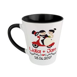 Kubek latte dla młodej pary na ślub "Para na motocyklu"  z imionami oraz datą ślubu - wzór 2.