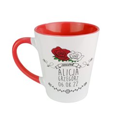 Kubek latte dla młodej pary na ślub wzór "Róże"  z imionami oraz datą ślubu.