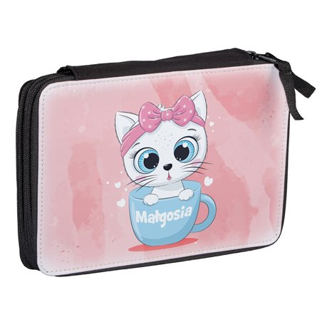 Duży piórnik dwukomorowy dla pierwszoklasisty - Kotek w filiżance - zmień imię.