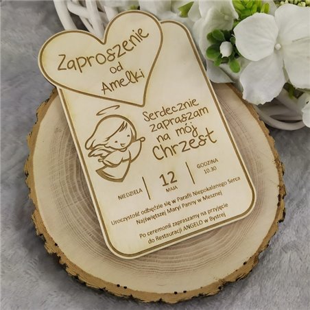 Komplet zaproszenie + magnes z podziękowaniami ze sklejki - chrzest, komunia.