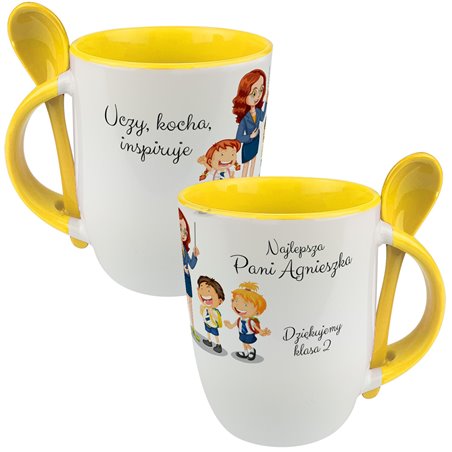 Kubek z łyżeczką dla nauczyciela "Kocha, uczy, inspiruje Najlepsza Pani".
