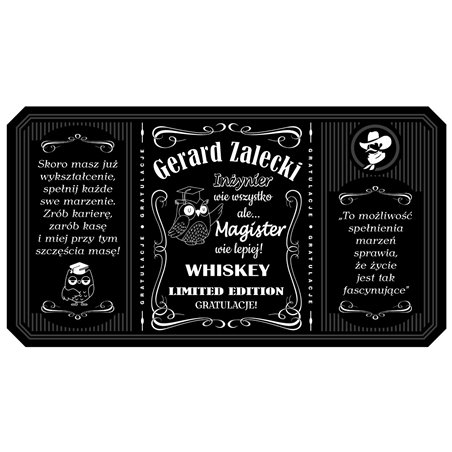 Personalizowana etykieta na alkohol w stylu Jack Daniel's dla świeżo upieczonego Magistra.