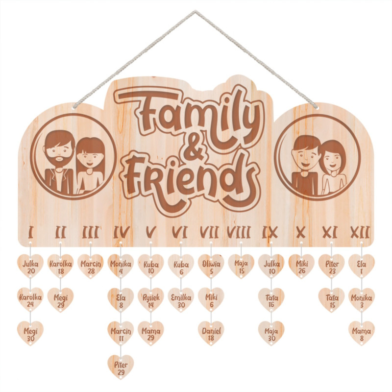 Urodziny mojej rodziny "Family & Friends" (wersja angielska)- kalendarz z grawerem.