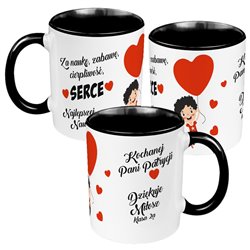 Kubek 330 ml kolorowy "Za naukę, zabawę, cierpliwość, serce"- świetny prezent z okazji Dnia Nauczyciela.