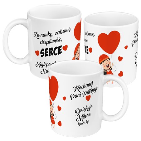 Kubek 330 ml kolorowy "Za naukę, zabawę, cierpliwość, serce"- świetny prezent z okazji Dnia Nauczyciela.