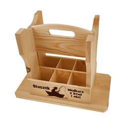 Dwufunkcyjny taboret, krzesełko, nosidło drewniane na piwa z grawerem.