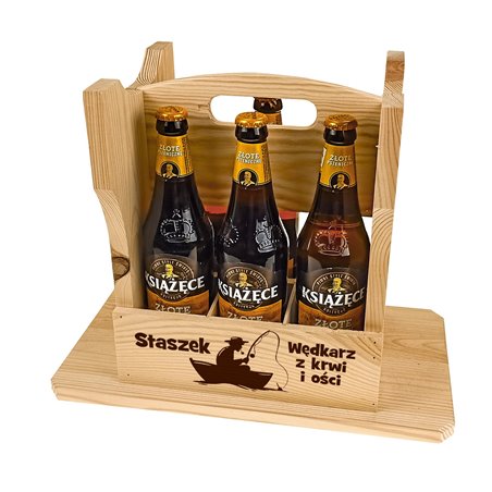 Dwufunkcyjny taboret, krzesełko, nosidło drewniane na piwa z grawerem.