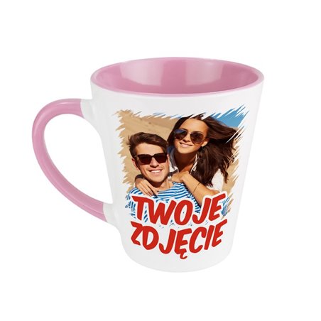 Różowy foto kubek latte ze zdjęciem, grafiką lub tekstem Klienta.