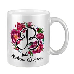Kubek perłowy z tekstem "B jak babcia" - kubek specjalnie dla babci.