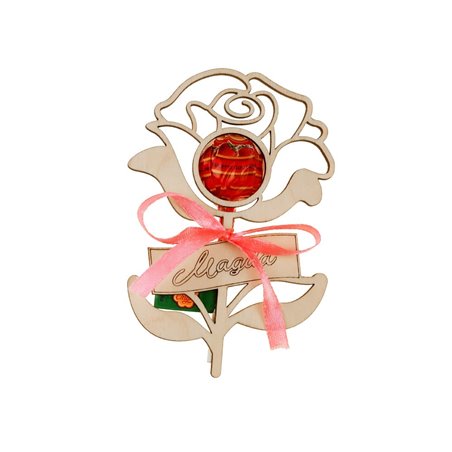 Drewniana różyczka na lizaka- prezent na Dzień Kobiet.