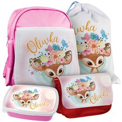 Zestaw szkolny z grafiką "Sarenka" - plecak, worek, piórnik, śniadaniówka- wszystko co potrzebne do szkoły.