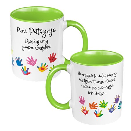 Kubek 330 ml kolorowy dla Nauczycielki Przedszkolnej- personalizowany z imieniem-"Łapki".