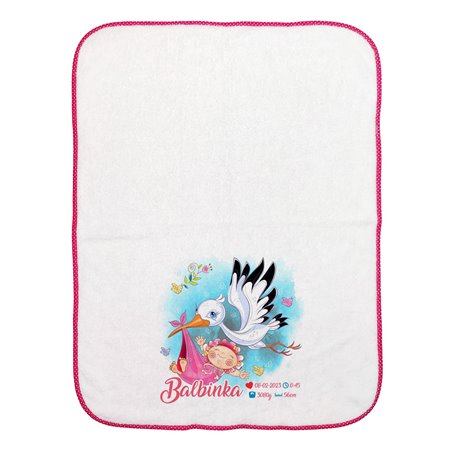 Kocyk z imieniem dla noworodka z metryczką-bocian.