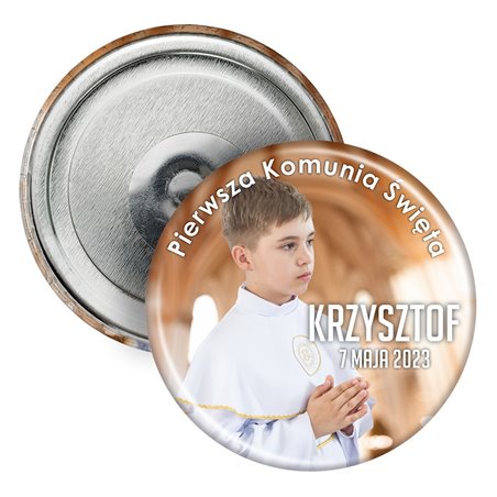 Magnes (okrągły, plastikowy) ze zdjęciem Twojego dziecka oraz imieniem- podziękowanie Komunia Święta.